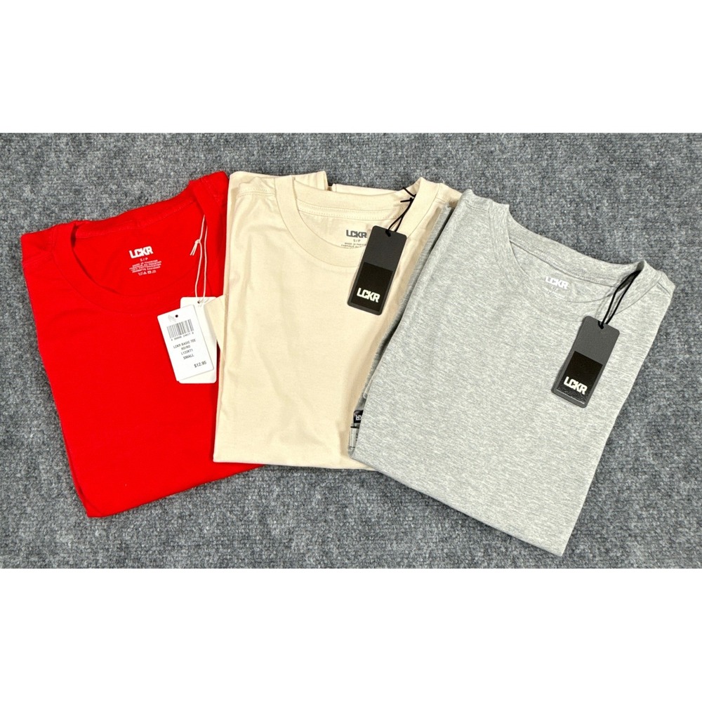 LCKR Mens Small 3 PK Bundle Red Cream Gray Short Sleeve Crewneck T Shirt NWT